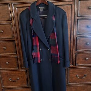 Adolfo Navy Double-Breasted Long wool Trench Coat with Red Plaid Scarf